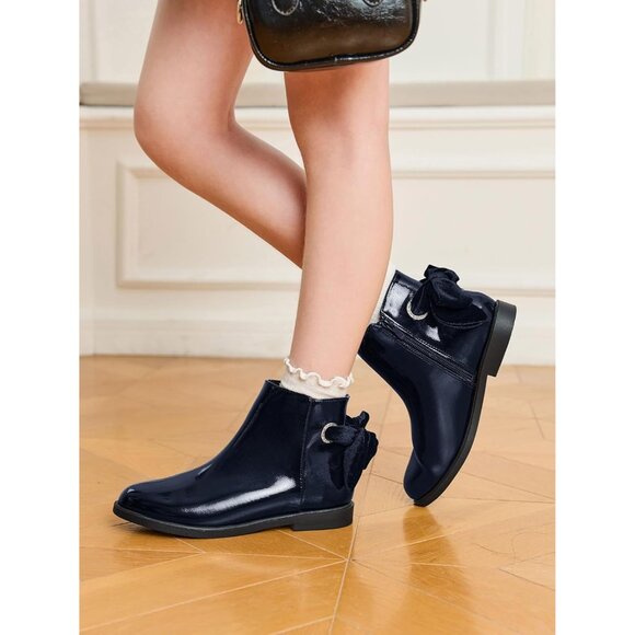 ⚡Girls Navy Blue Faux Leather Ankle Bow Chunky Low Heel Side Zipper Dress Boot - Picture 2 of 6